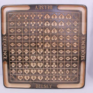 Pu&ograve; includere: Un tabellone da gioco in legno con una superficie marrone scuro e un bordo marrone chiaro. Il tabellone &egrave; contrassegnato da una griglia di quadrati, ognuno dei quali contiene un simbolo di carta da gioco. Il tabellone &egrave; etichettato "SEQUENCE" sui lati sinistro e destro e "BELSEY" in alto e in basso.