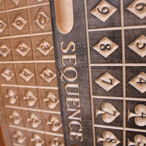 Pu&ograve; includere: Un tabellone da gioco in legno con la parola "SEQUENCE" stampata su di esso. Il tabellone &egrave; diviso in due sezioni, ciascuna con una griglia di quadrati. I quadrati sono numerati e hanno un simbolo di carta da gioco in ogni quadrato.
