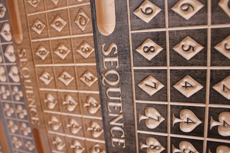 Pu&ograve; includere: Un tabellone da gioco in legno con la parola "SEQUENCE" stampata su di esso. Il tabellone &egrave; diviso in due sezioni, ciascuna con una griglia di quadrati. I quadrati sono numerati e hanno un simbolo di carta da gioco in ogni quadrato.