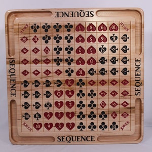 May include: A wooden game board with the word "SEQUENCE" printed on the top and bottom. The board is divided into a grid of squares, each containing a playing card symbol. The cards are arranged in a sequence from Ace to King, with the suits of hearts, diamonds, clubs, and spades.