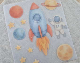 Adventure in Space - Iron-on Transfer Set, Watercolor Look, Rocket, Astronaut, Planets