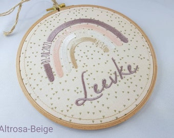 Embroidery frame with embroidered fabric, name and dates of birth