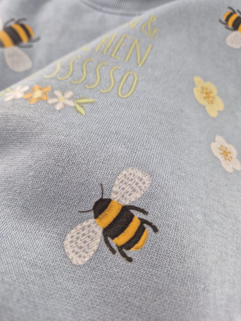 May include: A light blue sweatshirt with embroidered bees and flowers. The text "Love & When" is embroidered in yellow on the front of the sweatshirt.