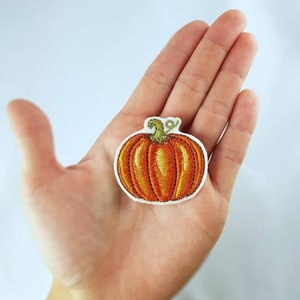 Op de afbeelding: Een klein oranje pompoen patch om op te strijken met een groene steel en bladeren. De patch is op een witte achtergrond.