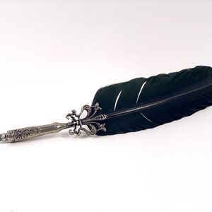 Black goose quill pen with lily pewter handle magic sorcery medieval calligraphy pen holder