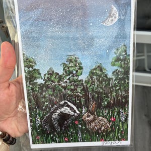 Woodland Animal Art Print | A4 Badger & Rabbit Illustration | Night Forest Scene | Whimsical Nature Decor | 240gsm Premium Paper | Gift for image 12