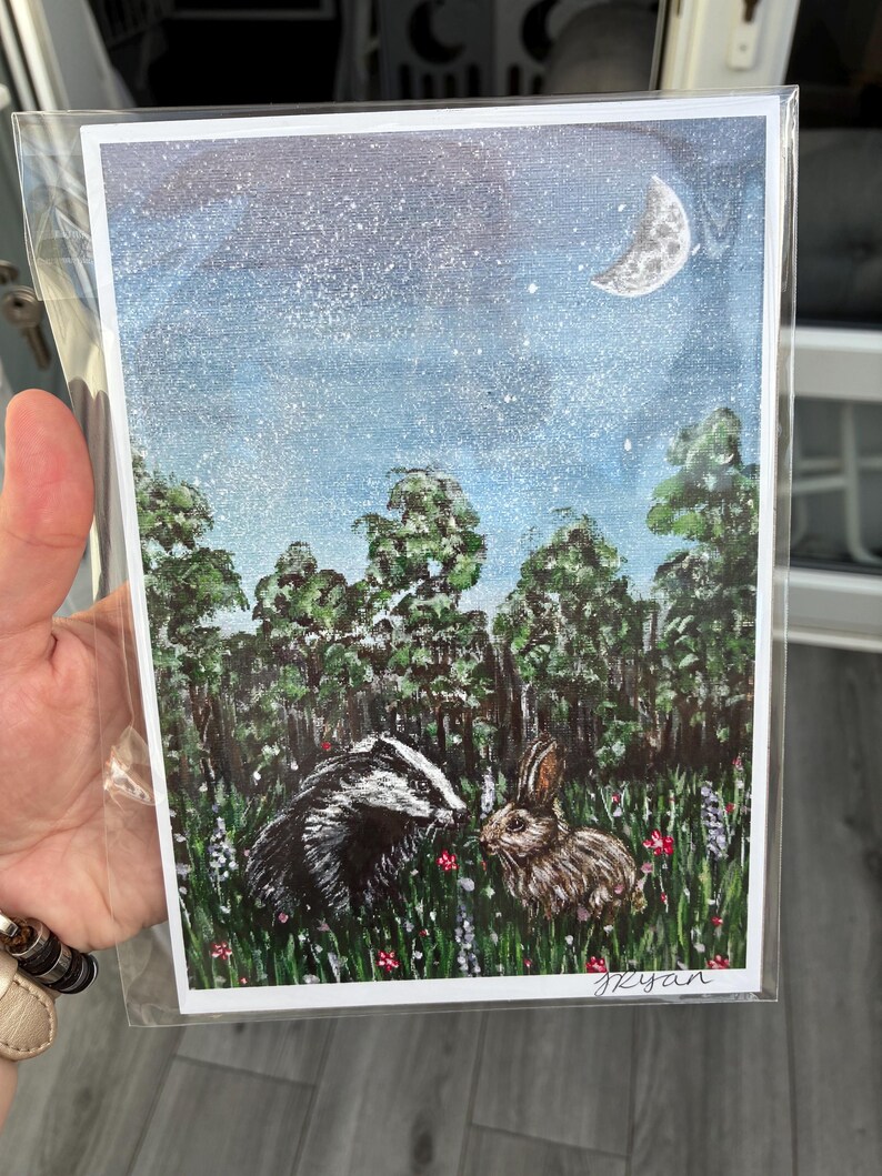 Woodland Animal Art Print | A4 Badger & Rabbit Illustration | Night Forest Scene | Whimsical Nature Decor | 240gsm Premium Paper | Gift for image 12