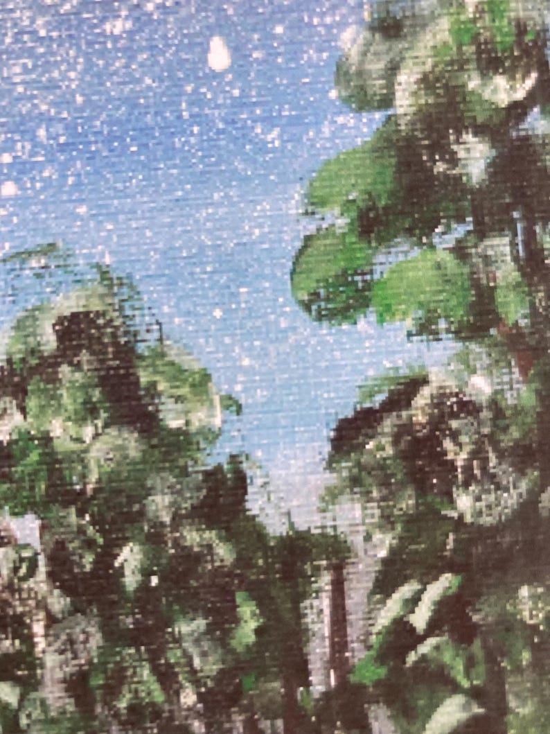 May include: A textured canvas painting depicting a night sky filled with small white stars above dense green trees. The foliage is rendered in various shades of green, creating a thick canopy that frames the bright blue starry night sky above.