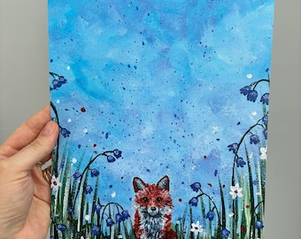 Whimsical Fox Art Print – Woodland Nursery Wall Art, Bluebell Forest Illustration, Nature-Inspired Kids Room Decor
