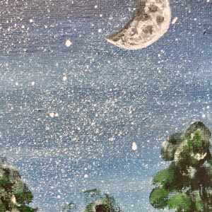 May include: A painting on canvas depicting a night sky with a crescent moon and numerous white splattered stars. Below the starry sky, three dark green tree silhouettes are visible against the blue background, creating a nocturnal landscape.