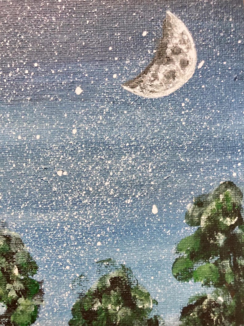May include: A painting on canvas depicting a night sky with a crescent moon and numerous white splattered stars. Below the starry sky, three dark green tree silhouettes are visible against the blue background, creating a nocturnal landscape.