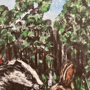 May include: A textured painting depicting a black and white badger and a brown rabbit in a grassy meadow. The background features a dense forest of green trees under a light blue sky with white speckles. Small red flowers are visible in the grass.