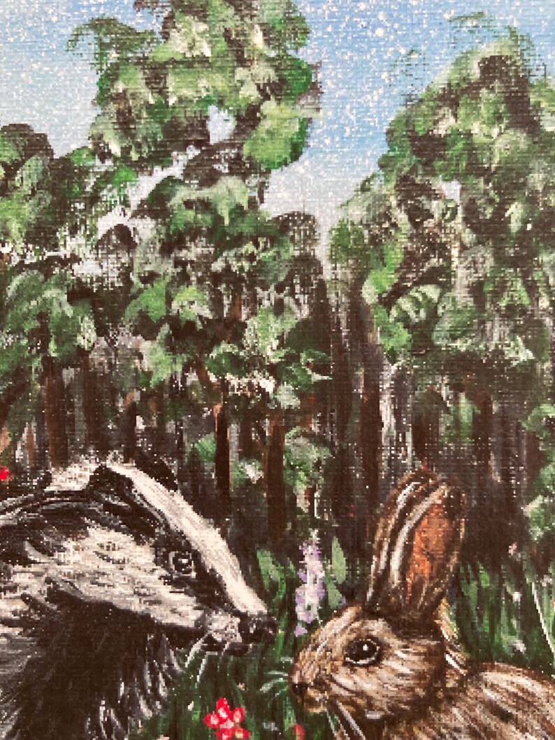 May include: A textured painting depicting a black and white badger and a brown rabbit in a grassy meadow. The background features a dense forest of green trees under a light blue sky with white speckles. Small red flowers are visible in the grass.