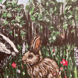 May include: A textured painting depicting a brown rabbit and a black and white badger standing in a field of green grass with small red and purple wildflowers. In the background, a dense forest of dark green trees stands under a light blue sky.