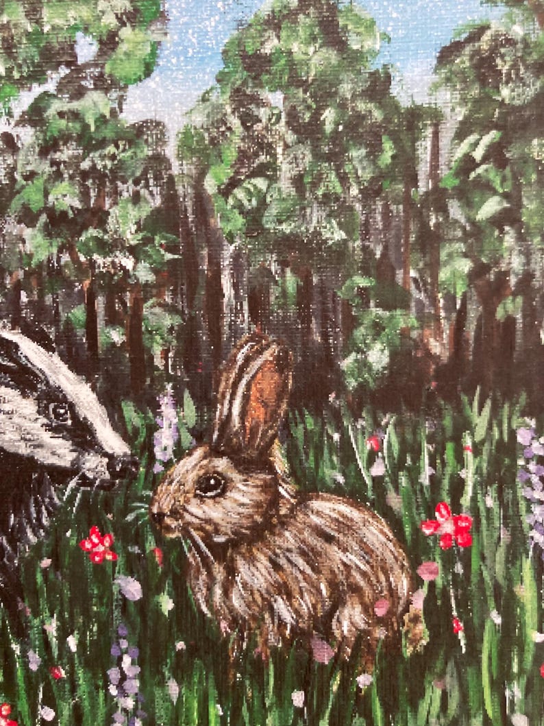 May include: A textured painting depicting a brown rabbit and a black and white badger standing in a field of green grass with small red and purple wildflowers. In the background, a dense forest of dark green trees stands under a light blue sky.