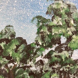 May include: A textured painting depicting dense green foliage against a light blue sky. The artwork features layered brushstrokes in various shades of forest and lime green, creating a thick canopy effect with visible canvas texture throughout the piece.