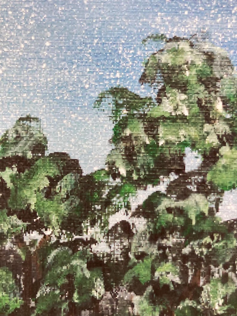 May include: A textured painting depicting dense green foliage against a light blue sky. The artwork features layered brushstrokes in various shades of forest and lime green, creating a thick canopy effect with visible canvas texture throughout the piece.