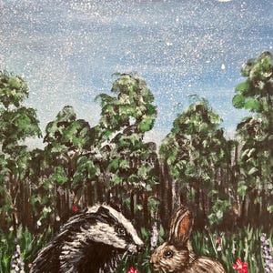 May include: A painting on canvas depicting a black and white badger and a brown rabbit standing in a field of green grass with small red and purple flowers. The background features a dense forest under a night sky with a crescent moon and stars.