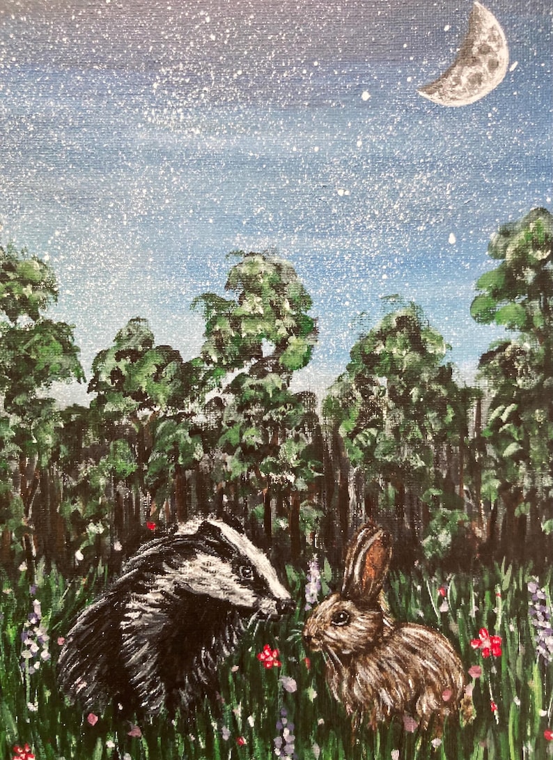 May include: A painting on canvas depicting a black and white badger and a brown rabbit standing in a field of green grass with small red and purple flowers. The background features a dense forest under a night sky with a crescent moon and stars.