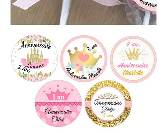 LOT de 10 - Autocollant Etiquette personnalisée princesse or rose couronne carrosse bapteme anniversaire communion dragée sac sachet