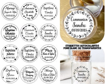 LOT de 10 - Autocollant Etiquette personnalisée couronne transparent ou fond blanc bapteme anniversaire mariage communion dragée bonbon