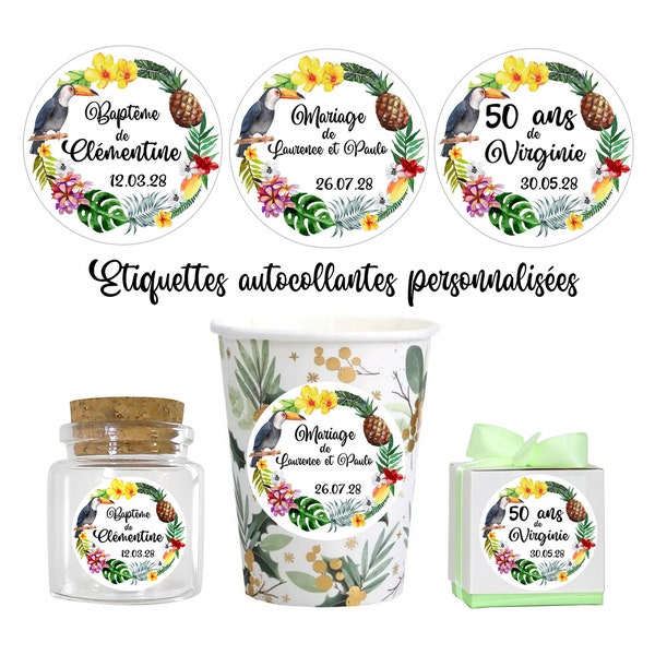 LOT de 10 - Etiquette autocollant personnalisée tropique tropical oiseau ananas fleur baptême anniversaire mariage dragée verre boite sachet