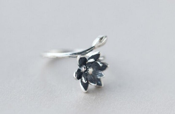 Bague Fleur De Lotus Arbre De Vie Lotus Feuilles Réglable Ajustable Argent Femme Pierre Naturelle Précieuse