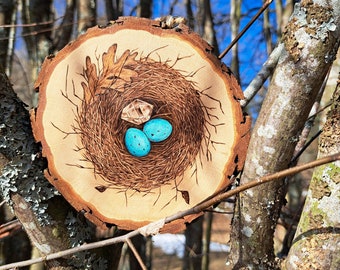 Nest with blue eggs and Herkimer crystal pyrography