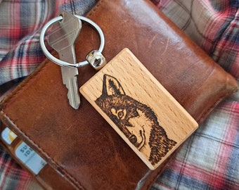 Wooden Keyring Wolf pyrography