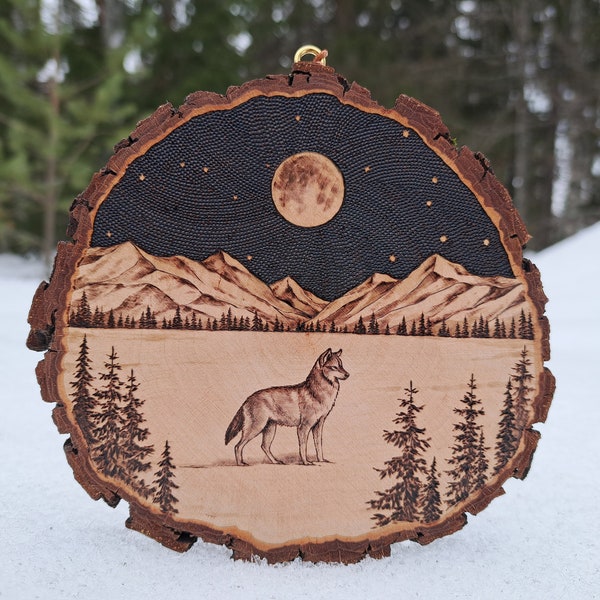 Sweet aloneness, coyote pyrography on wood