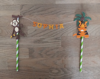 Girlande cake Topper Kuchentopper Muffin Torte Geburtstag Dekoration Zoo Tiere Tiger Giraffe Affe Name