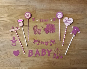 Dekoration für Windeltorte Girlande Deko Baby Wunschfarbe Name Geburtsdatum cake Topper Kuchentopper