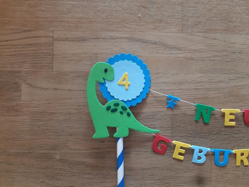 Girlande cake Topper Kuchentopper Torte Geburtstag Dekoration Dinosaurier Dino Name Zahl Wunschfarbe Bild 3