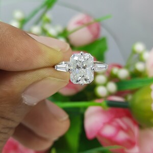 2.50Ct Radiant Moissanite Engagement Ring: 14k White Gold Three Stone Ring