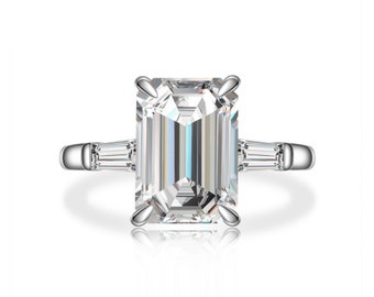 3.50CT Emerald Cut Moissanite Three Stone Engagement Ring Solitaire Women Diamond Wedding Ring 14k White Gold Promise Anniversary Gift mom