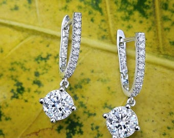 Moissanite Dangle Earrings, Sterling Silver Leverback Earrings, Round Cut Solitaire Style