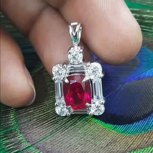 Ruby Halo Pendant: Simulated Diamond, 14k White Gold Plated