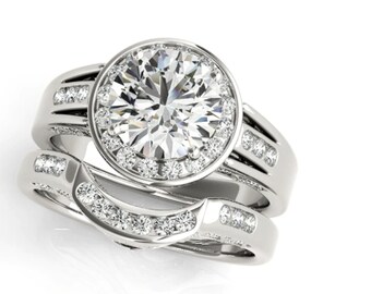 2.0Ct Round Forever Cut Moissanite Halo Engagement Ring Set, Women Wedding Set, Diamond Bridal Set, Promise Anniversary Ring 14K White Gold