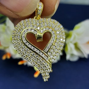 Unique 3.0Ct Round Cut Moissanite Heart Shape Pendant. Women Pendant, Promise Gift Anniversary Gift, 14k Yellow Gold 36mmx24.5mm Heart Charm
