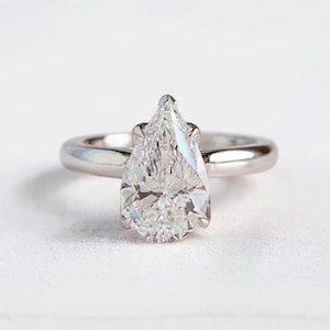 Anillo de compromiso de moissanita talla pera de 2,0 quilates, anillo de boda solitario en forma de lágrima de oro blanco de 14 quilates