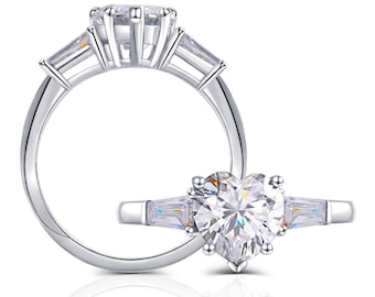1.0Ct Heart Cut Moissanite Three Stone Engagement Ring Diamond Baguette Women Solitaire Wedding Ring 14k White Gold Promise Anniversary Gift