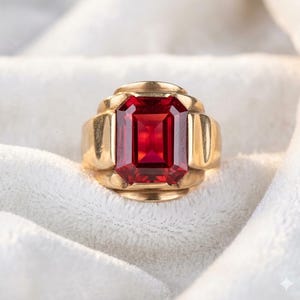 Vintage Art Deco Men's Ruby Ring, Emerald Cut 14k Gold Statement Ring
