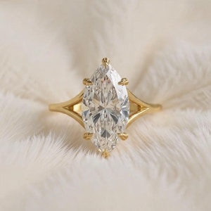 Anillo de compromiso con moissanita talla marquesa, alianza de boda de oro de 14 quilates con brazo dividido, estilo catedral vintage.
