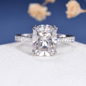 3.50 CT Elongated Cushion Cut Moissanite Engagement Ring, 14k White Gold Pave Setting