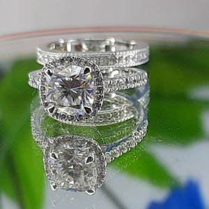 3.0Ct Cushion Moissanite Halo Bridal Set Ring: 14k White Gold Wedding Anniversary