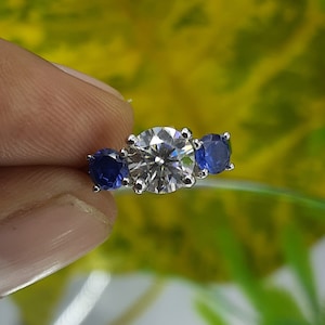 1.25CT Moissanite Engagement Ring: Three Stone Blue Sapphire 14k White Gold