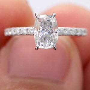 2.0Ct Elongated Cushion Cut Moissanite Engagement Ring: 14k White Gold Halo