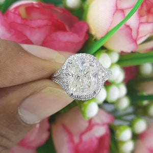 3.50Ct Elongated Cushion Moissanite Engagement Ring: 14k White Gold Hidden Halo
