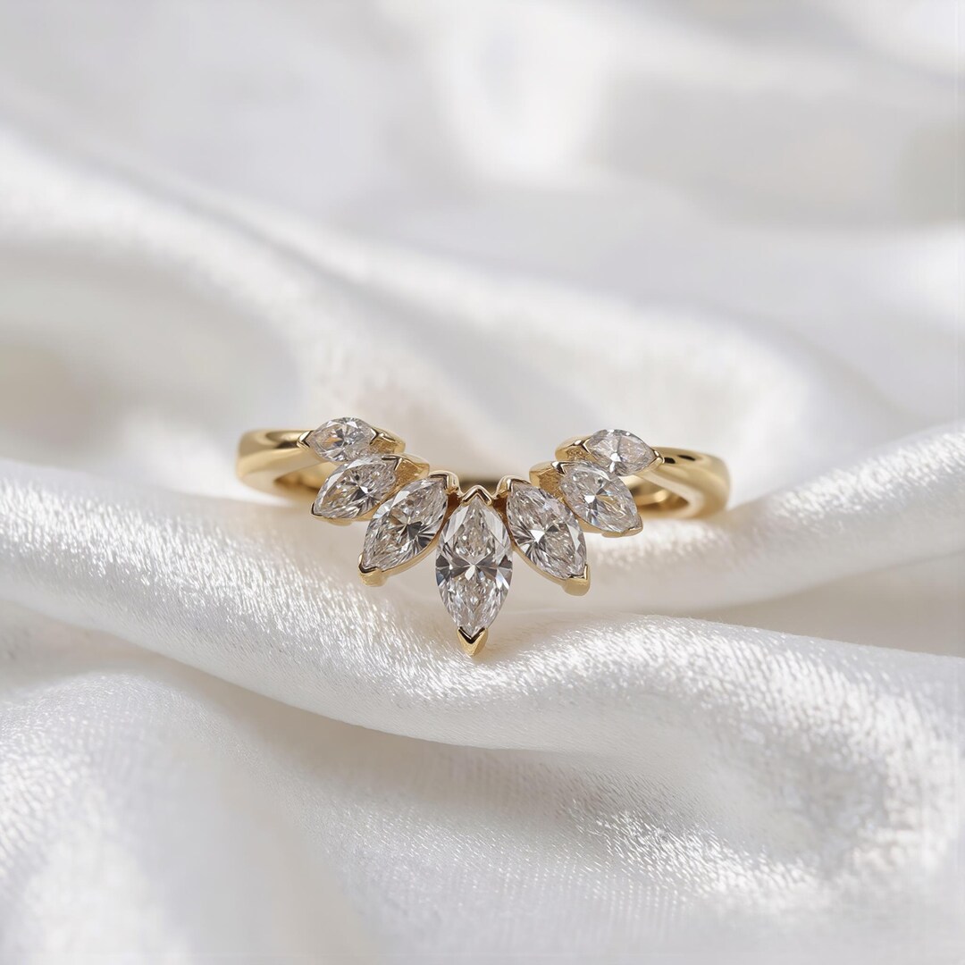 Marquise Cut Moissanite Ring, 14K Yellow Gold Eternity Wedding Band ...