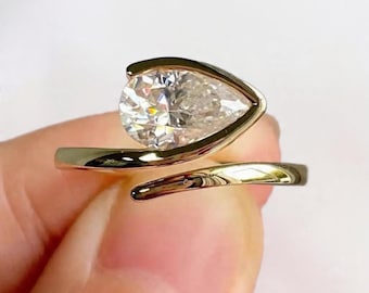 3CT Pear Cut Moissanite Bypass Ring, 14K Yellow Gold Half Bezel Engagement Ring